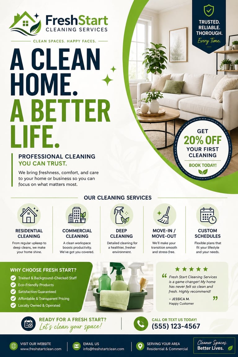 FreshStart Cleaning Services marketing flyer showing modern living room with sofa and plants, promoting 20% off first cleaning with contact information