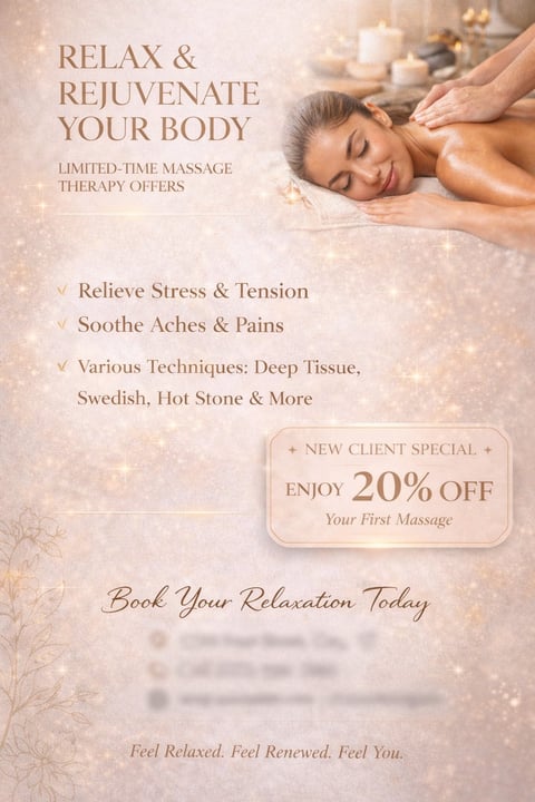 Spa massage promotional flyer featuring a woman receiving a back massage with text offering 20% off first massage service
