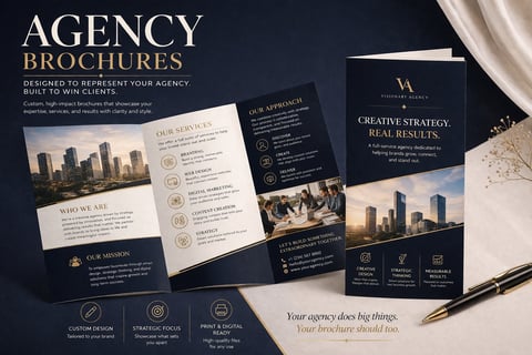 Professional agency brochure templates in dark blue and gold layout featuring city skyline, business icons, and polished desk styling