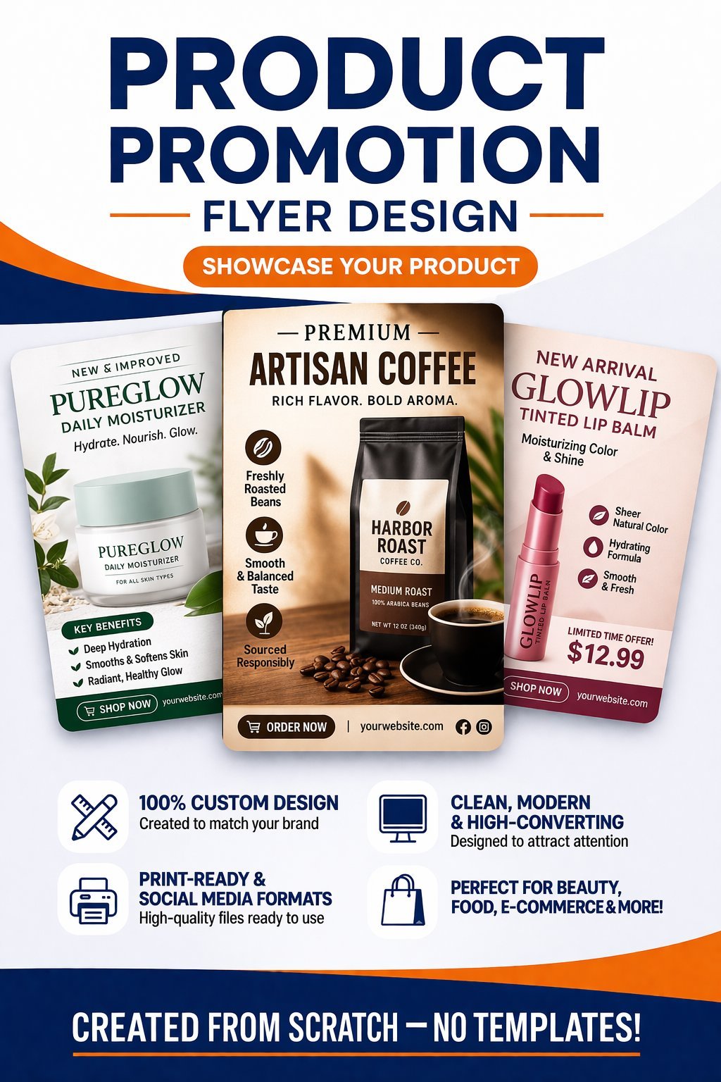 Product promotion flyer design showcasing three product packages: moisturizer, artisan coffee, and lip balm, with design features listed below