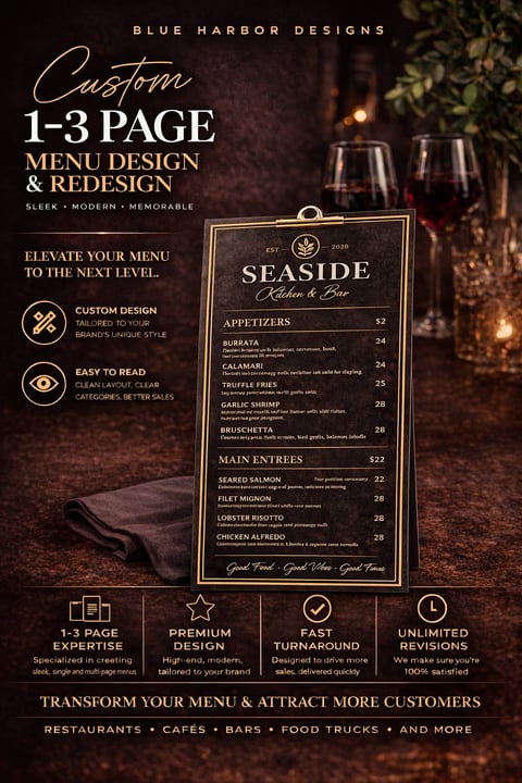Marketing flyer for Blue Harbor Designs custom 1-3 page restaurant menu design services with elegant menu sample display