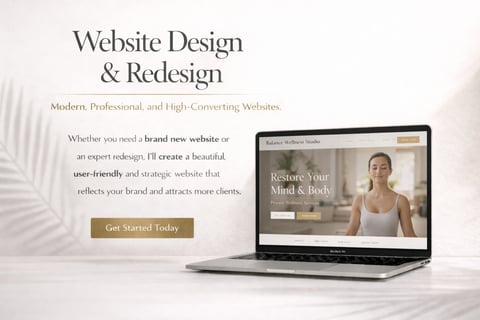 Laptop displaying website design services with heading, descriptive text, and gold Call To Action button beside it