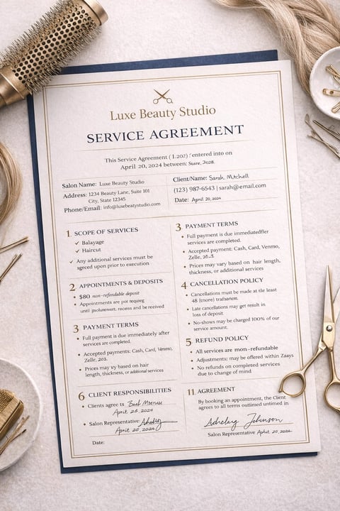 Luxe Beauty Studio service agreement document displayed with beauty tools and accessories on a light background