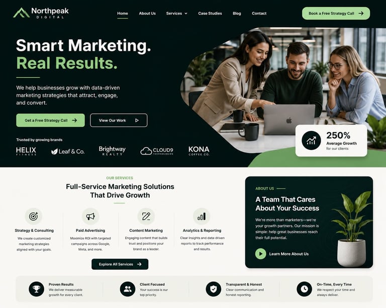 Northpeak marketing agency website homepage showing team collaborating on laptop with tagline Smart Marketing. Real Results.