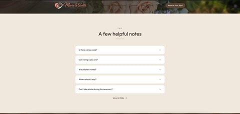 A FAQ section with expandable questions displayed on a beige background, including questions about bridal services, consultations, and pricing