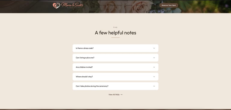 A FAQ section with expandable questions displayed on a beige background, including questions about bridal services, consultations, and pricing