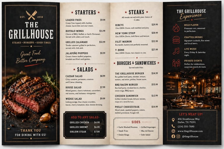 The Grillhouse restaurant menu featuring steaks, burgers, salads, and sandwiches with pricing and contact information