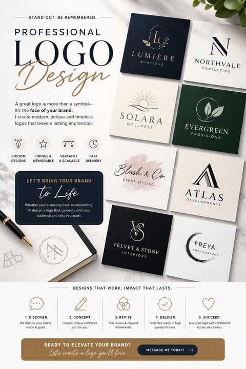 Professional logo design service showcase displaying multiple example brand logos on business cards and a five-step design process with call-to-action