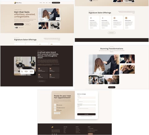 Collection of professional salon website landing page mockups with beige and dark backgrounds featuring hair styling services and customer testimonials