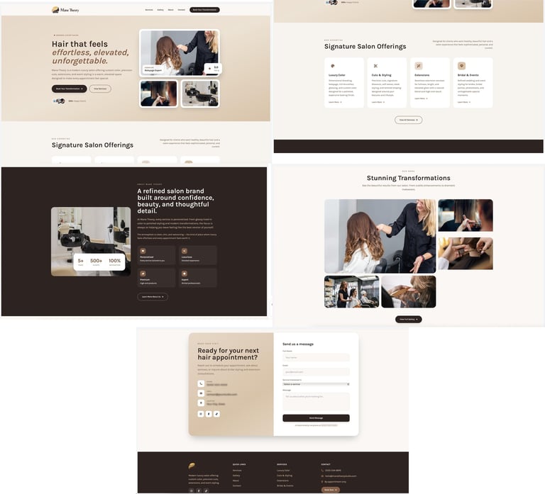 Collection of professional salon website landing page mockups with beige and dark backgrounds featuring hair styling services and customer testimonials