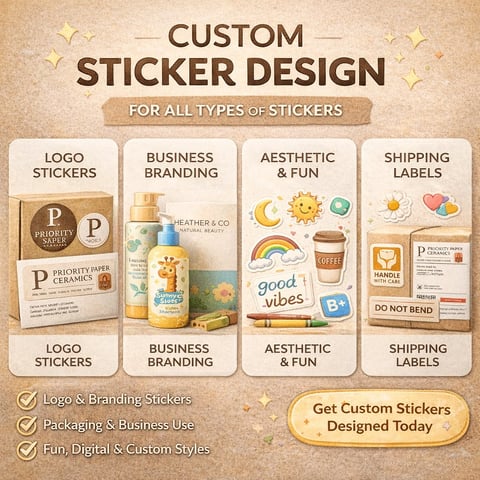 Custom sticker design promotional graphic showing four types of stickers: logo stickers, business branding, aesthetic and fun designs, and shipping labels with examples