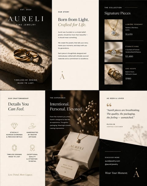 Aureli fine jewelry brand marketing collage featuring gold rings, signature pieces, product packaging, and brand messaging about craftsmanship