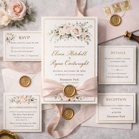 Elegant wedding stationery suite with blush roses, gold seals, and invitation cards arranged on a marble background