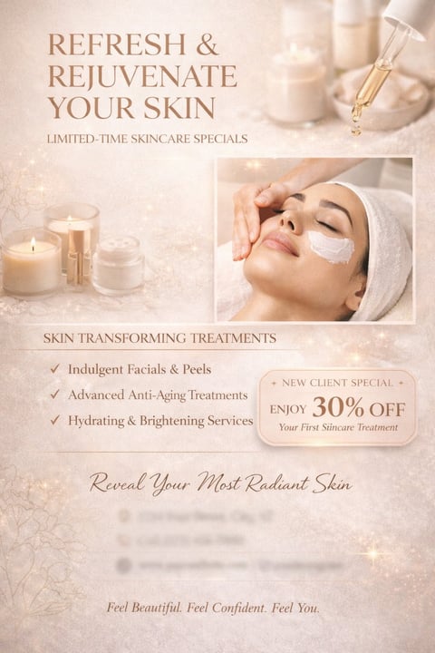 Skincare spa promotional poster advertising facial treatments and 30% off new client specials with product and beauty imagery