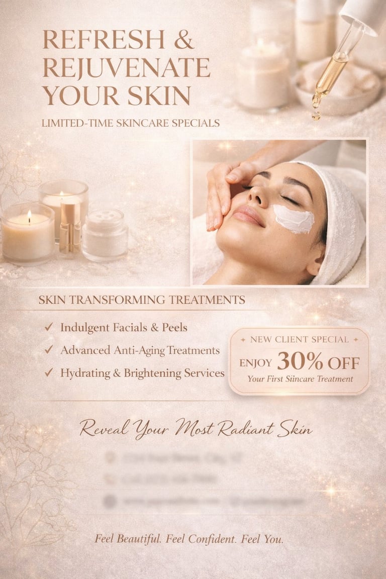 Skincare spa promotional poster advertising facial treatments and 30% off new client specials with product and beauty imagery
