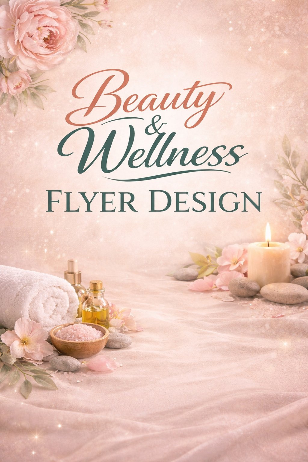 Beauty and Wellness flyer design with pink flowers, candle, spa items, and elegant script text on soft pink background