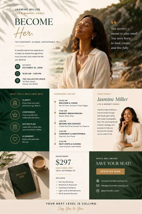 Marketing flyer for Jasmine Millers life and mindset coaching workshop titled Become Her scheduled for October 18, 2025
