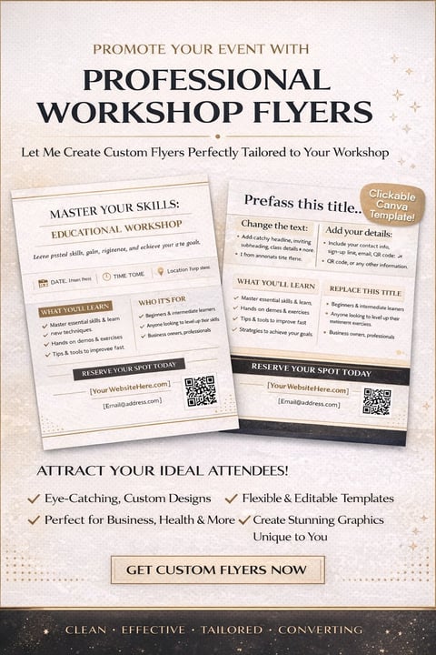 Marketing flyer showcasing professional workshop flyer design templates with customizable layouts and QR codes