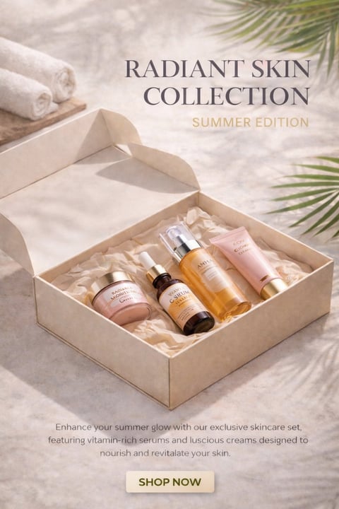 Radiant Skin Collection Summer Edition skincare gift set displayed in an open beige box with multiple bottles and jars surrounded by rolled towels and palm leaves