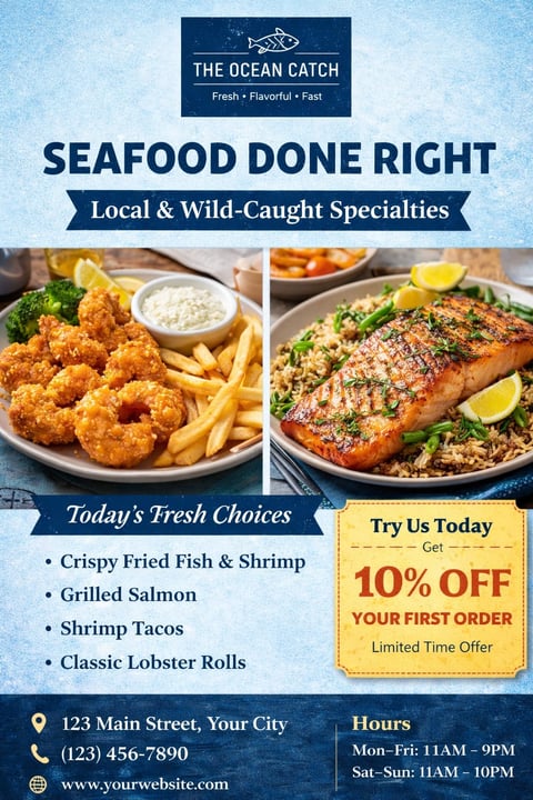 The Ocean Catch seafood restaurant promotional flyer featuring crispy fried fish and shrimp, grilled salmon, and offering 10% off first orders
