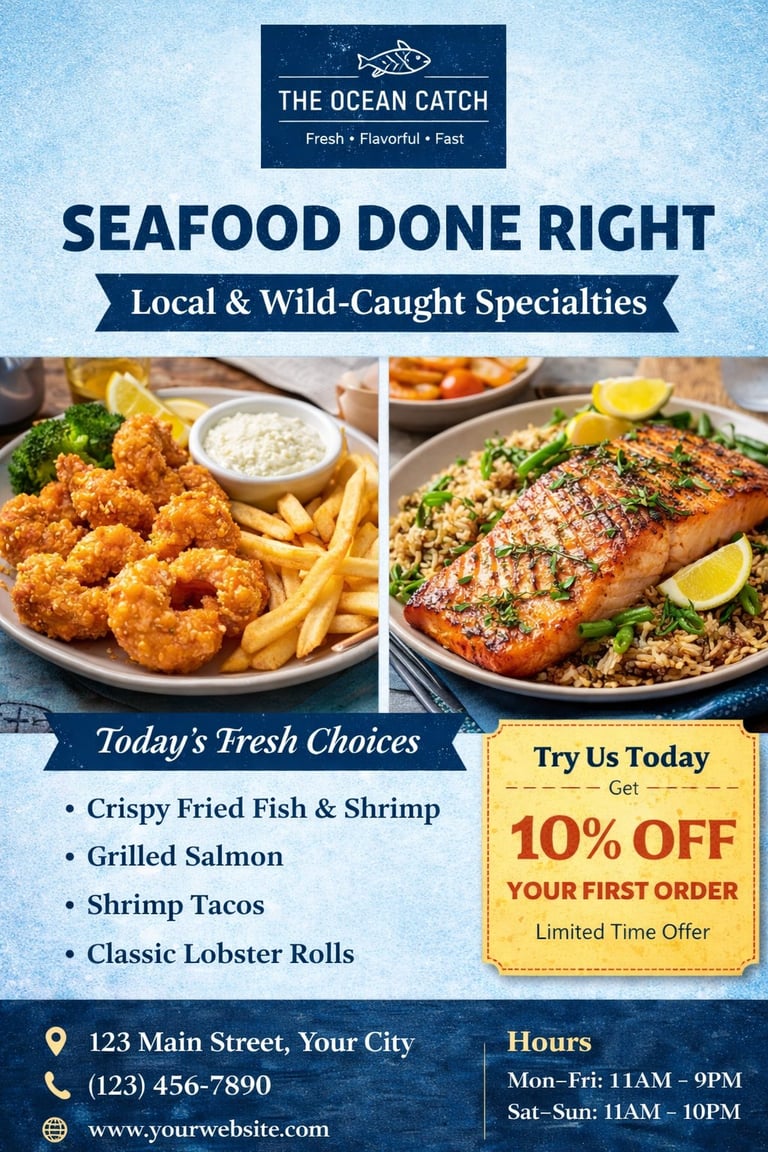The Ocean Catch seafood restaurant promotional flyer featuring crispy fried fish and shrimp, grilled salmon, and offering 10% off first orders