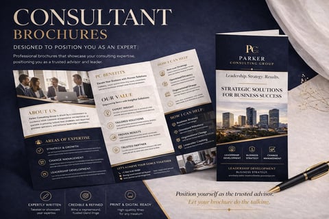 Professional consultant brochure set with navy design featuring trifold layouts, business strategy guides, and branded materials on elegant backdrop with geometric elements