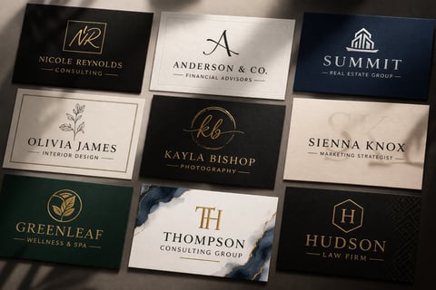 Collection of nine professional business cards with various logos and names including Nicole Reynolds, Anderson & Co, Summit, Olivia James, Kayla Bishop, Sienna Knox, Greenleaf, Thomson, and Hudson displayed in a grid layout