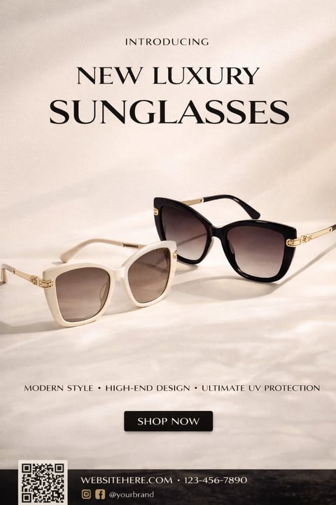 Advertisement for new luxury sunglasses featuring black and cream-colored frames with gold accents on a neutral background