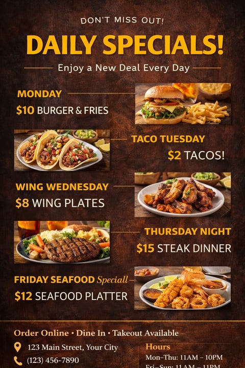 Restaurant daily specials promotional poster featuring burger, tacos, wings, steak, and seafood deals with prices and days of the week
