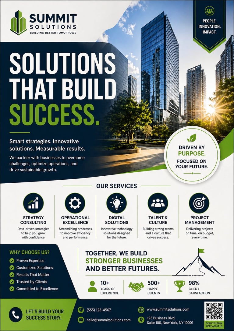 Summit Solutions business consulting company marketing flyer with modern skyscrapers and service offerings