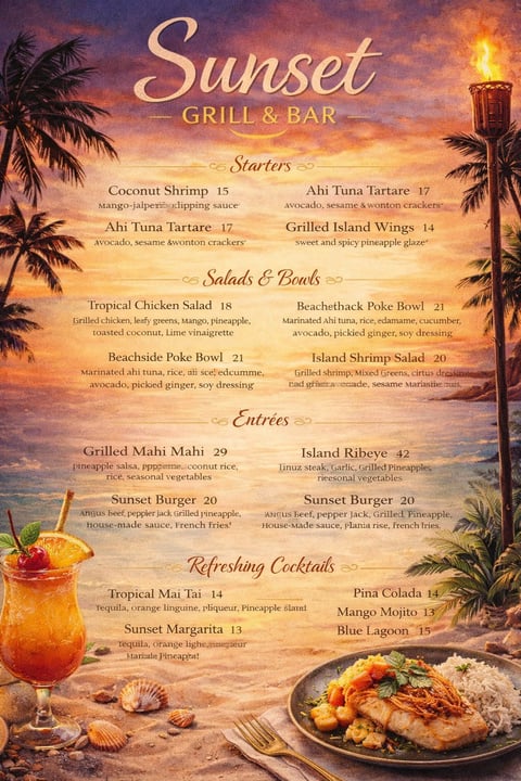 Sunset Grill and Bar restaurant menu with tropical beach sunset background, featuring starters, salads, entrees and cocktails