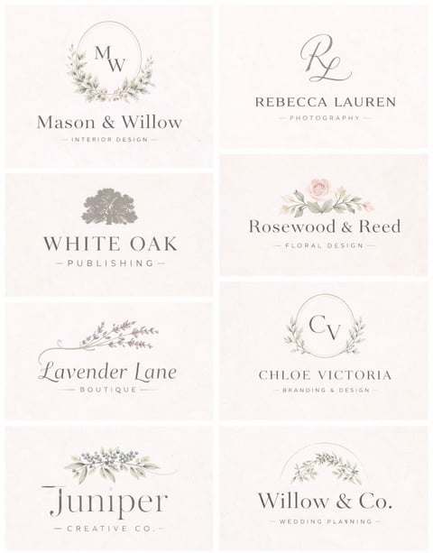 Collection of seven elegant business logos featuring botanical designs and serif typography for interior design, photography, publishing, floral design, boutique, branding, and wedding planning services