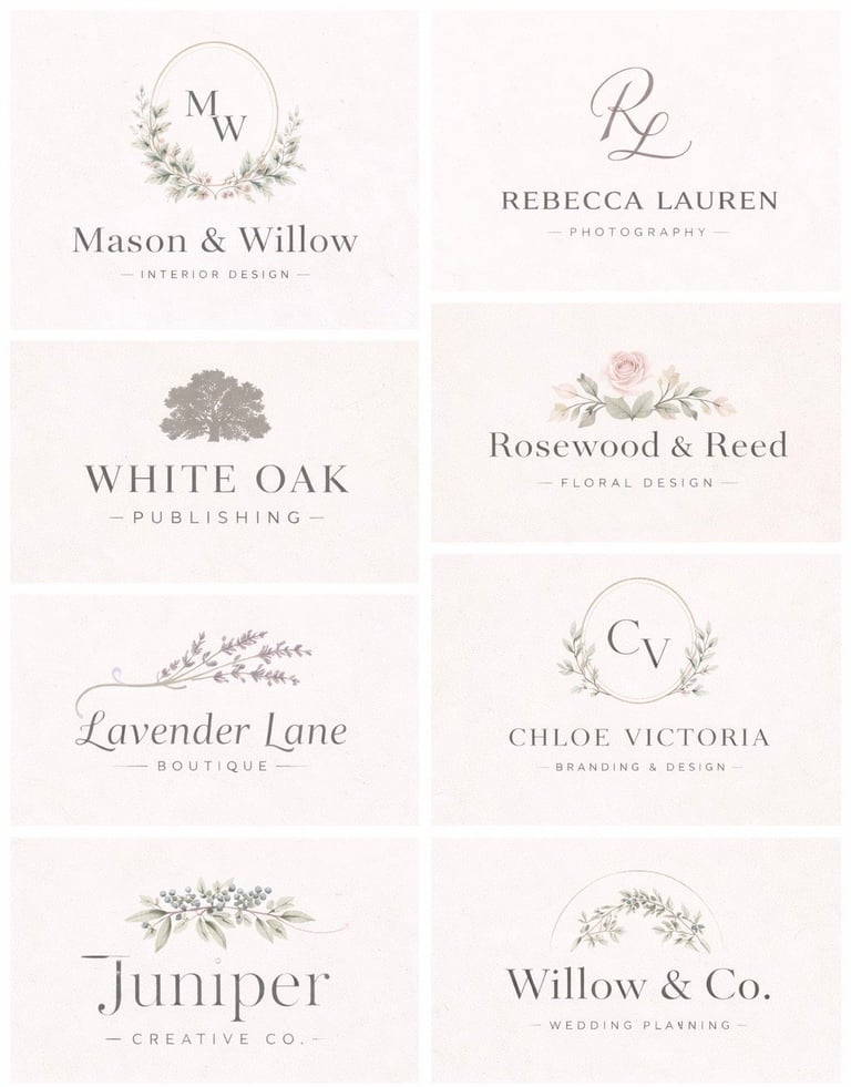 Collection of seven elegant business logos featuring botanical designs and serif typography for interior design, photography, publishing, floral design, boutique, branding, and wedding planning services