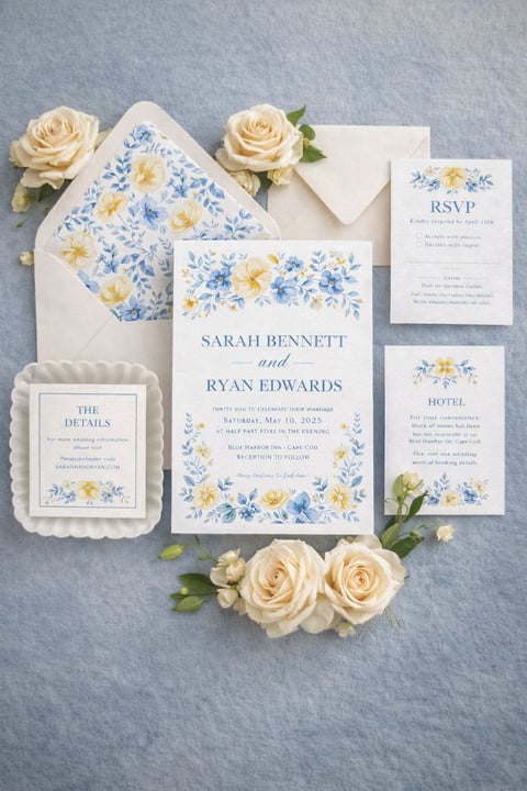 Wedding stationery suite featuring blue floral designs and cream roses, including invitation, RSVP, details, and hotel cards arranged on gray background