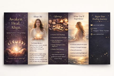 Five spiritual wellness service cards displaying moon phases, healing imagery, and service offerings with mystical design elements