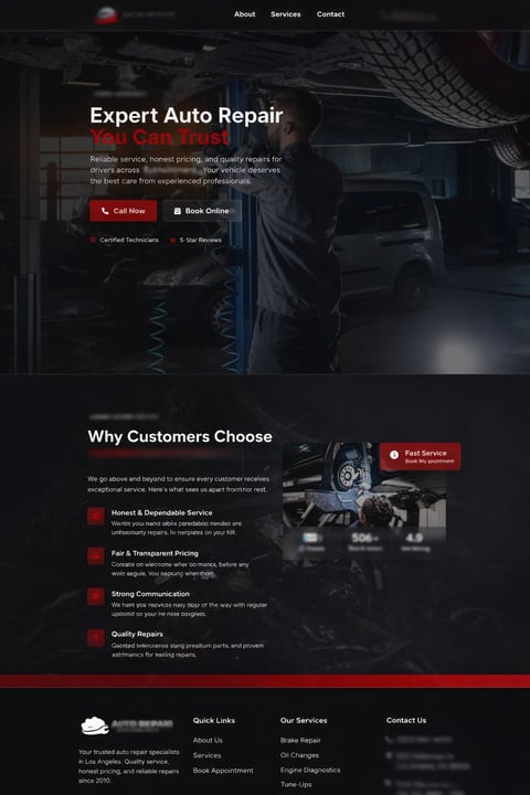 Expert auto repair website homepage with mechanic working on car engine and call-to-action buttons