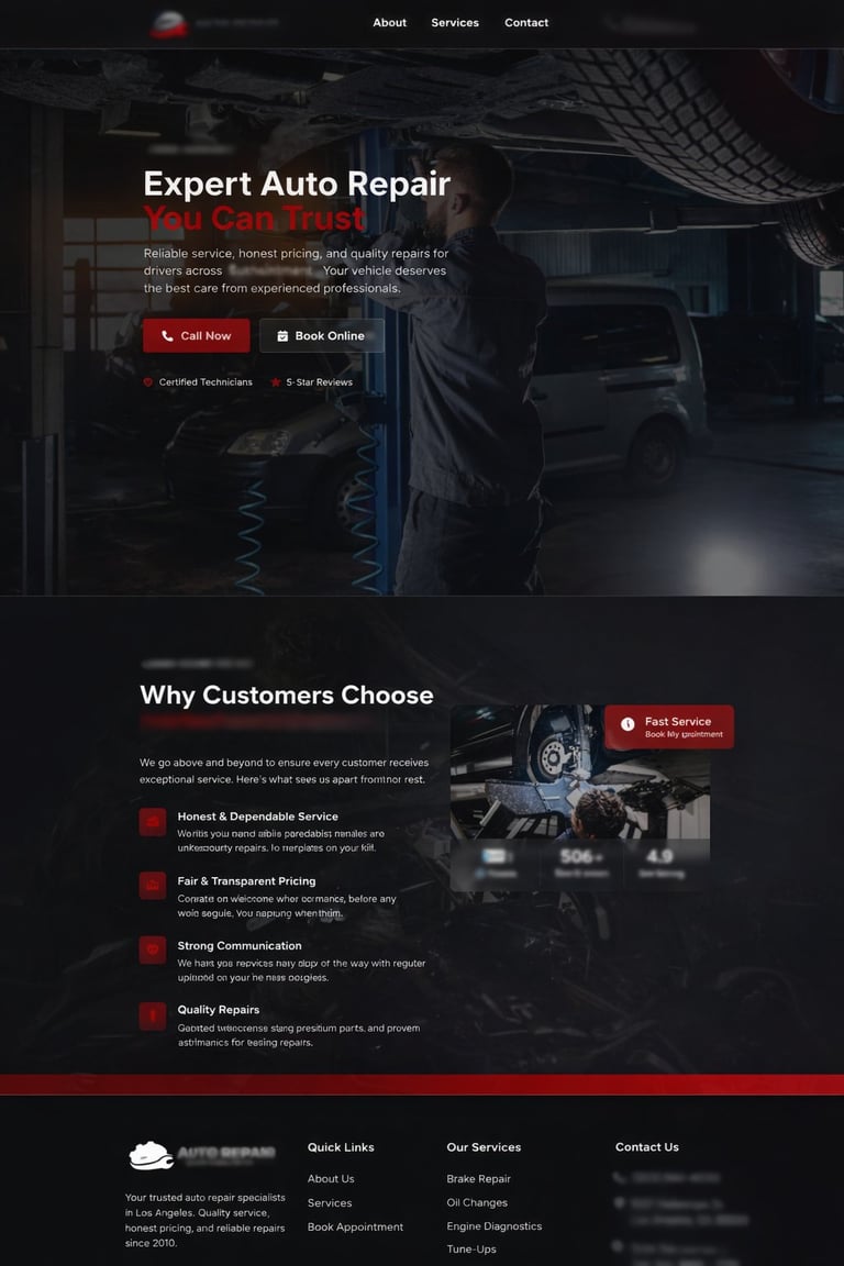 Expert auto repair website homepage with mechanic working on car engine and call-to-action buttons