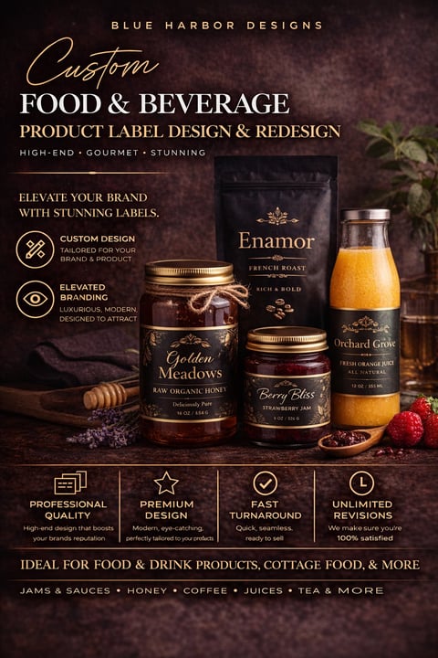 Blue Harbor Designs promotional graphic for custom food and beverage product label design services featuring gourmet jars and bottles