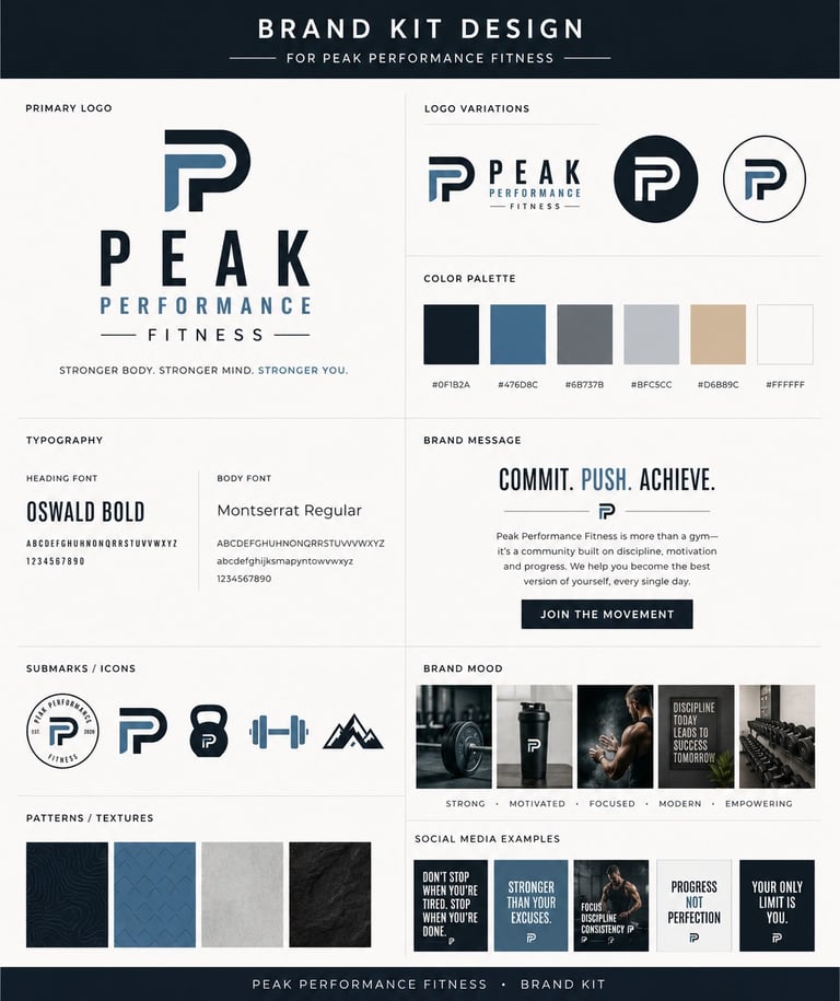 Brand kit design for Peak Performance Fitness featuring logo, color palette, typography, and brand guidelines for peak performance fitness branding