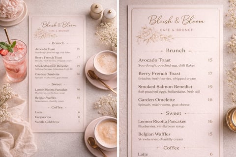 Two Blush & Bloom Cafe and Brunch menu cards displayed with beverages, pastries, and coffee in a soft pink aesthetic