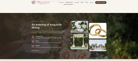 Wedding venue website featuring elegant dining setup with floral arrangements, golden rings, and outdoor garden setting
