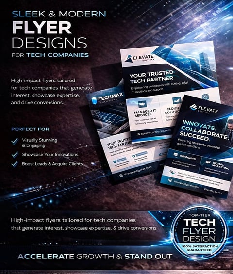 Sleek modern tech company flyer designs showcase with digital background and sample business cards featuring blue and black branding