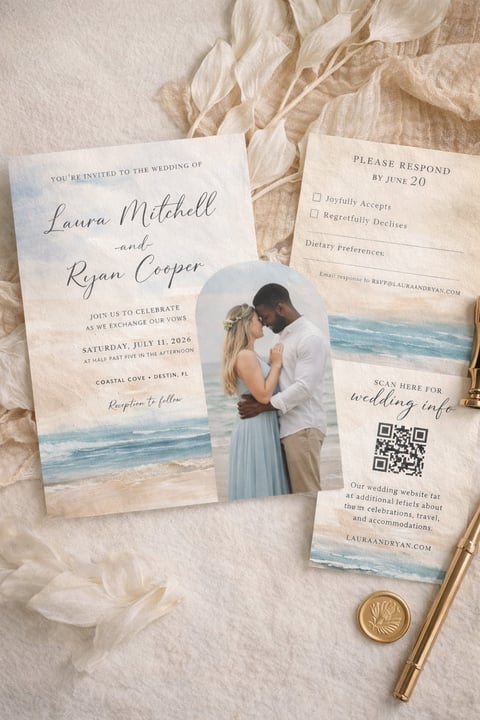 Wedding invitation suite for Laura Mitchell and Ryan Cooper featuring beach photos, RSVP card, and wedding information card with QR code on cream background