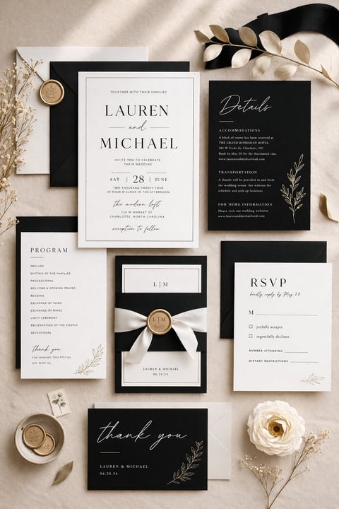 Elegant wedding stationery suite with black and white invitations, RSVP card, details card, program, and thank you card arranged with dried flowers and ribbon accents