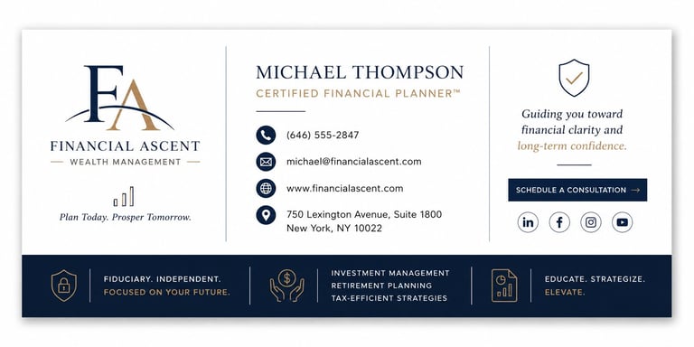 Michael Thompson, Certified Financial Planner business card for Financial Ascent Wealth Management with contact information and services offered