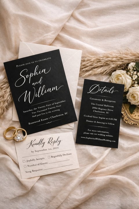 Wedding invitation suite with black and cream cards, RSVP details, gold rings, white roses, and dried pampas grass on beige fabric