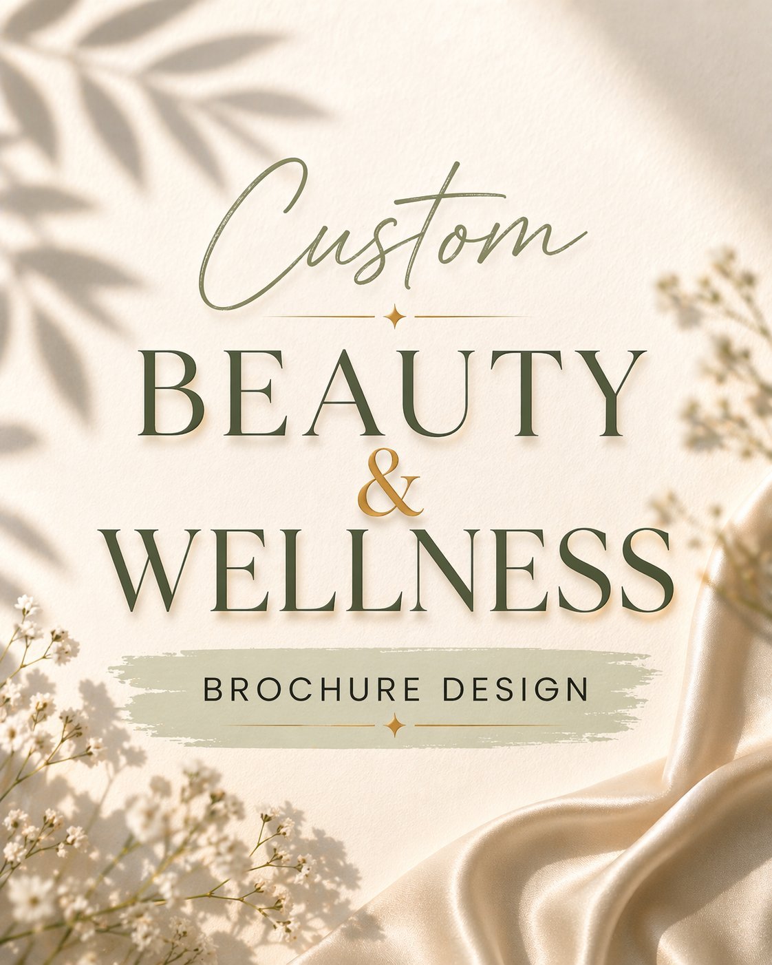Elegant brochure design for custom beauty and wellness services featuring script and serif typography with botanical and fabric elements