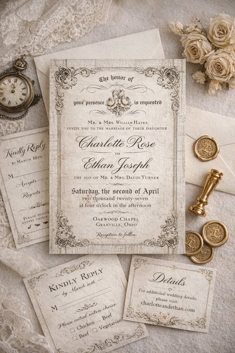 Elegant vintage-style wedding invitation suite with cream stationery, decorative borders, and gold accents displayed with lace, pocket watch, and champagne seal