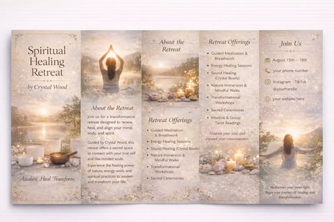 Spiritual Healing Retreat trifold brochure featuring serene golden-toned images of meditation, healing sessions, and retreat offerings by Crystal Wood