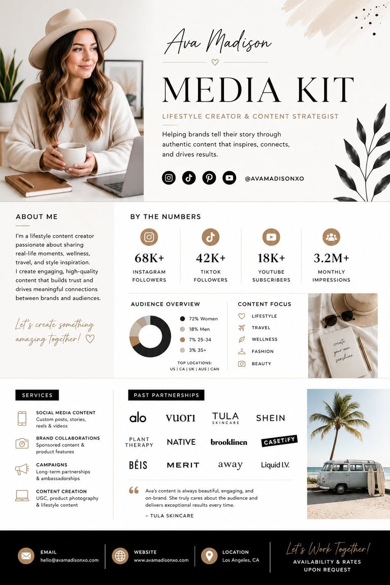 Ava Madison media kit for lifestyle content creator showing audience stats, services, and brand partnerships